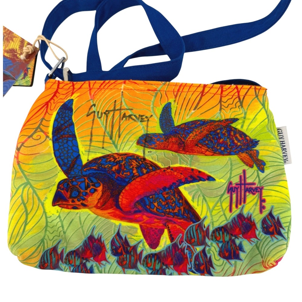 Autographed Guy Harvey Sea Turtle Tropical Fish Canvas Crossbody Bag Purse NEW